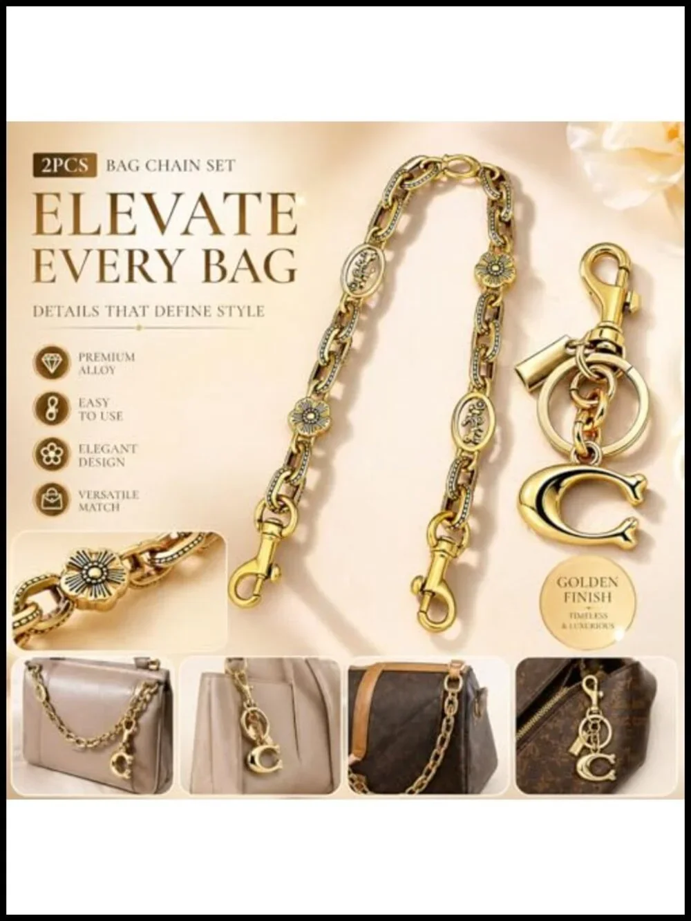 Vintage Gold Chain Bag Charm Keychain Wallet Extender Purse Accessory
